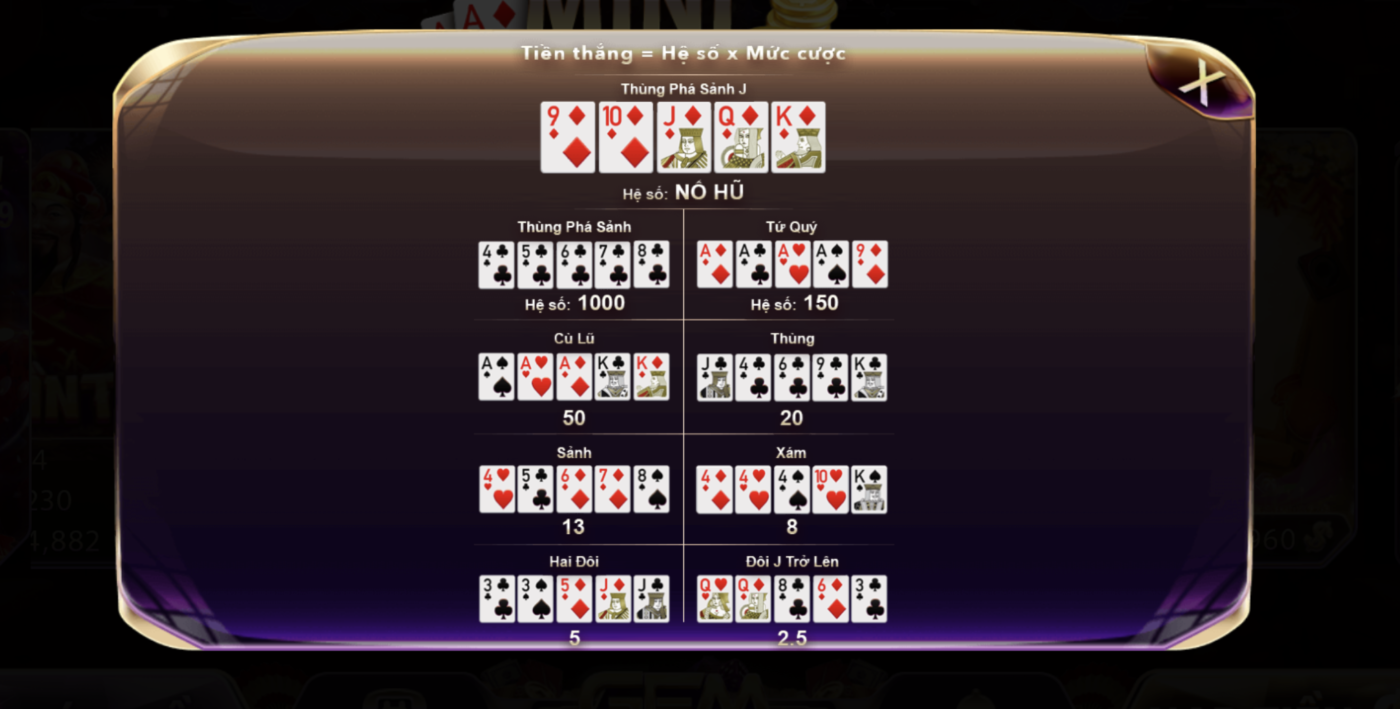 Các bước tham gia chơi Mini Poker khi tải Gemwin